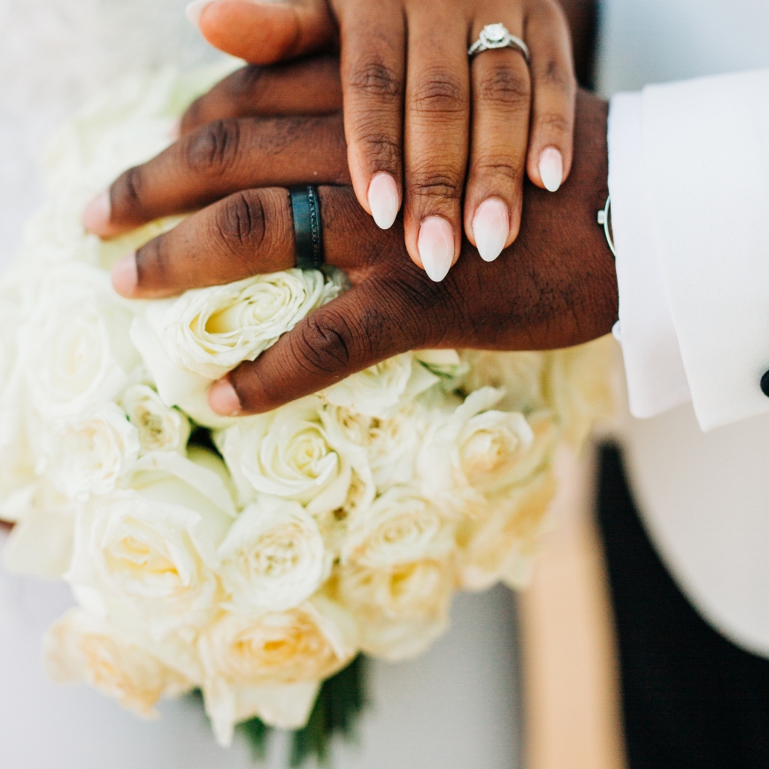 wedding flowers showing rings and hands